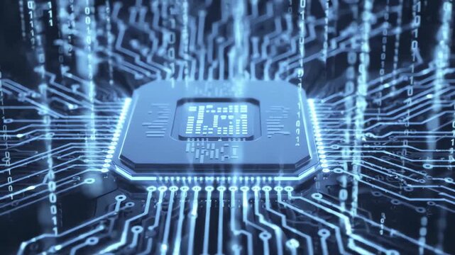 4K Rotating CPU Chip Circuit Board Binary Code Animation for Business Presentations