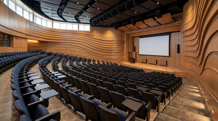 Naklejka premium Large Contemporary Hall For University Lectures Featuring Curved Wooden Panels On Walls Empty Seats Interior