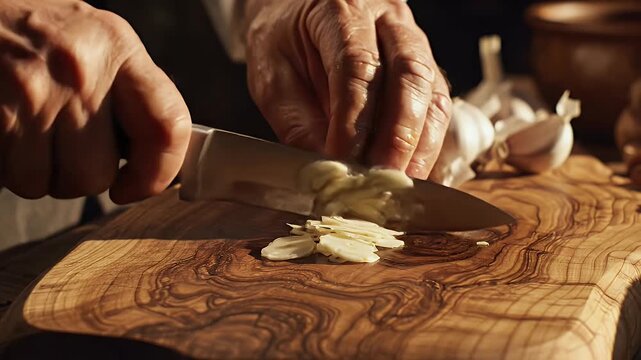 Elderly hands slicing fresh garlic cloves on a rustic wooden cutting board. Perfect for authentic organic cooking tutorials.