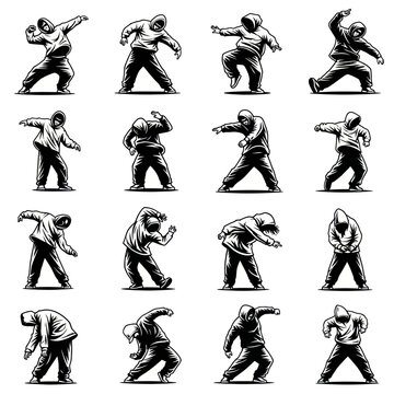 Breakdance Moves Set: Hooded Figures Dancing Hip Hop Style in Dynamic Poses