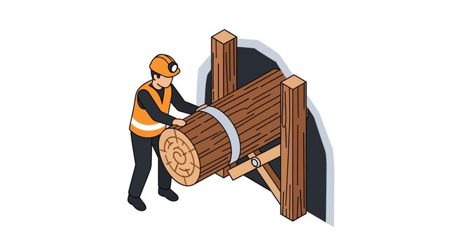 Industrial worker cutting large log with sawmill setup.