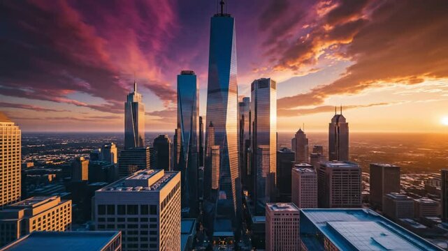 Epic High Angle Cityscape Shot with Dramatic Sunset Clouds Over Modern Skyscrapers and Urban Buildings