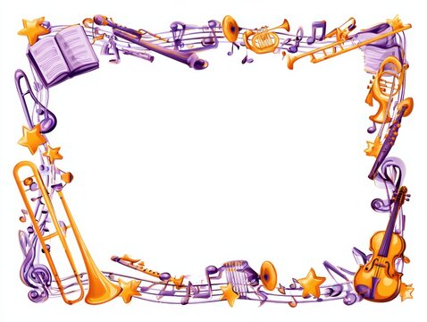 This design features a purple and gold border of musical instruments and notes, with a white center perfect for school music events.