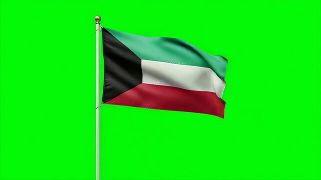 Kuwait flag waving proudly on a flagpole against a vibrant green background for easy compositing