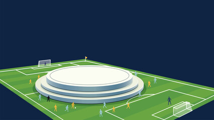 Blank round podium for placed product presentation at the middle of soccer field on blue background have blank space. © Wasitt