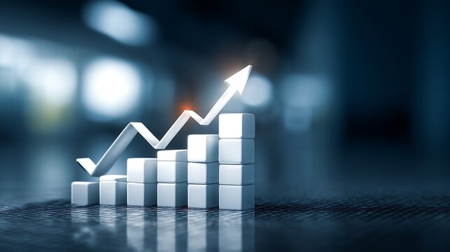 3D bar graph with rising arrow, modern business growth concept, clean financial visualization with futuristic corporate background