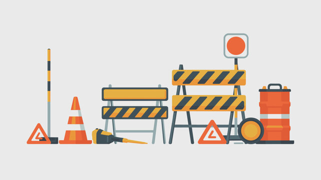 Road construction scene displays orange traffic cones and striped safety barriers set against a neutral and minimalist gray backdrop.