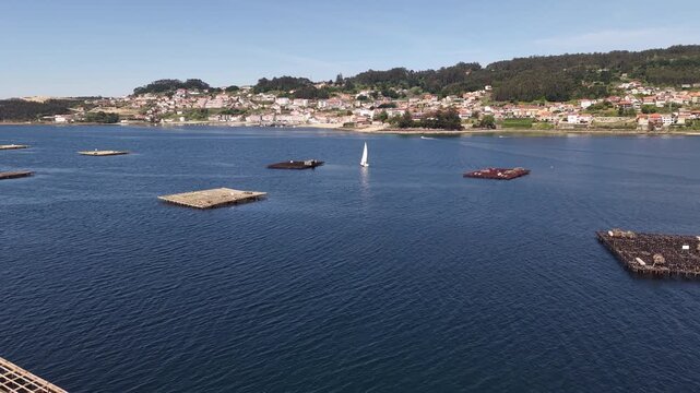 Mussel rafts dotting the waters of ria de pontevedra, a key aquaculture area in galicia