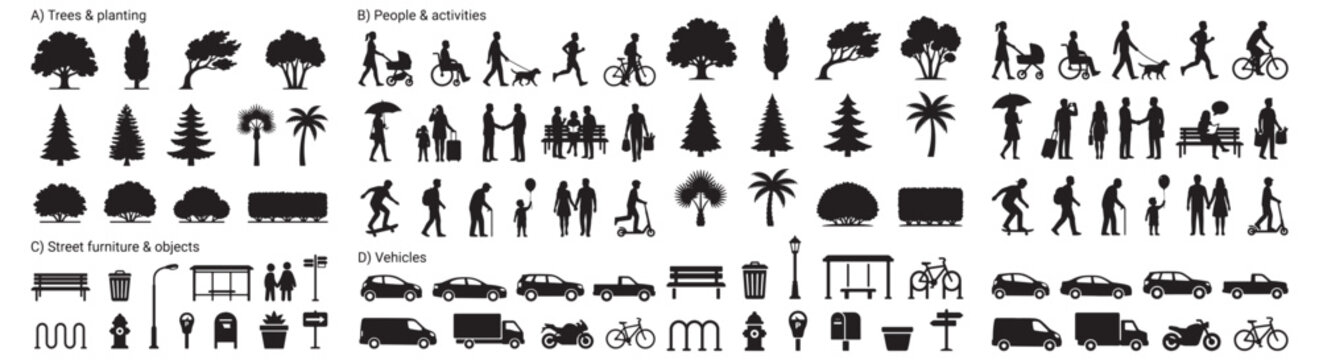 Urban Park Silhouette Icons Set With People, Trees, Street Furniture and Vehicles