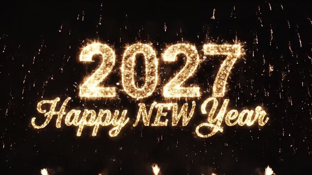Spectacular golden fireworks explode across the night sky, forming glowing year digits