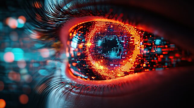 Close-up of a futuristic cybernetic eye glowing with neon circuitry and shimmering digital particles