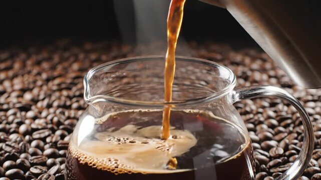 Brewing Fresh Coffee, Pouring Dark Roasted Coffee into a Clear Glass Carafe, Fresh Aroma, Close-up