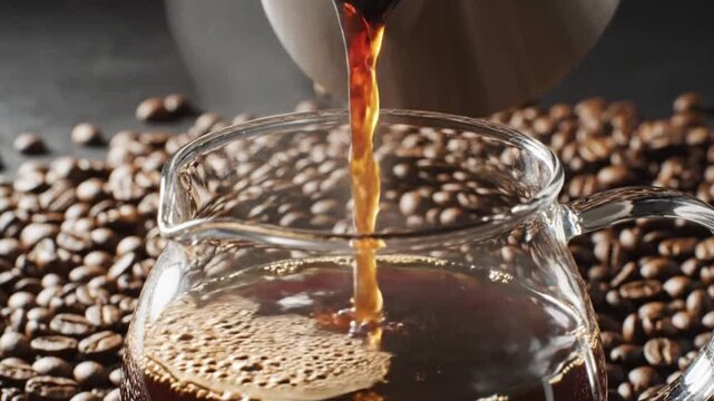 Brewing Fresh Coffee: Pouring Hot Coffee from a Pour-Over Kettle into a Glass Carafe Surrounded by Coffee Beans