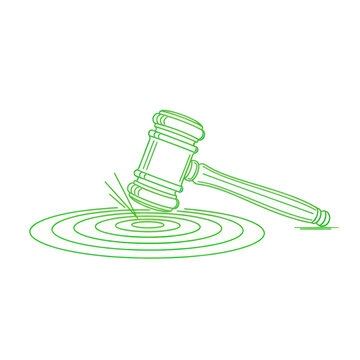 Lawyer's gavel striking target rings, legal judgment concept, abstract illustration