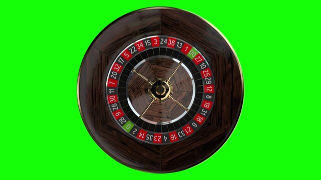 Casino Roulette Wheel Spinning and Stopping - Isolated on Green Background, Top View