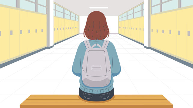 A young girl with a backpack sits alone on a wooden bench in a long empty school hallway lined with bright yellow metal lockers.