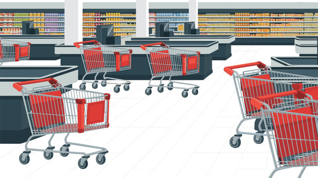 Several red-framed shopping carts are arranged in a spacious supermarket aisle with shelves of goods visible in the distant background.