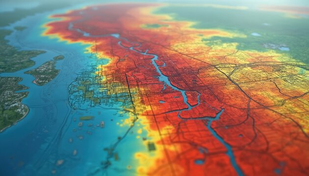 Top view of city area map showing elevation and water levels. Color coded map displays flood risk zones and terrain data. Urban planning and hazard analysis.