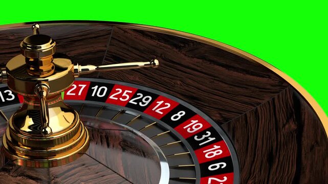 Casino Roulette Wheel Spinning and Stopping - Isolated on Green Background, Close-up