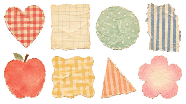 Pastel picnic torn paper collage with heart, apple, flower, triangle and patterned scraps for handmade lifestyle design on transparent background