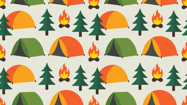 A repeating pattern featuring orange tents, green pine trees, and small campfires creates a cozy outdoor scene on a beige background.