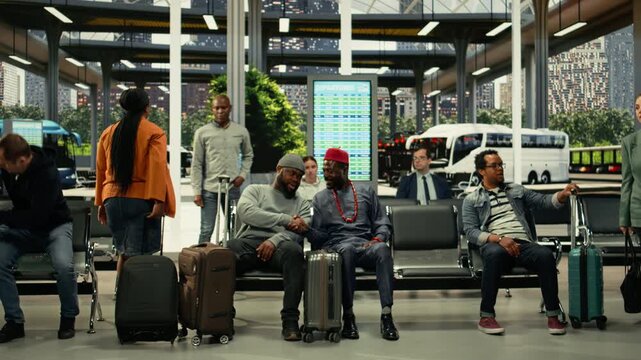 Crowded waiting area in modern bus terminal filled with diverse passengers. African American man wearing traditional ethnic clothes with beaded jewelry and chatting with friend in bus station.