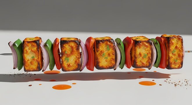 Delicious skewer of roasted paneer cheese and vegetables studio shot