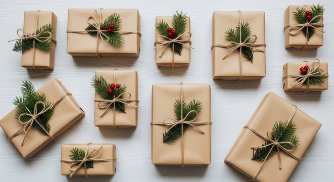 Natural Kraft Gift Boxes with Evergreen Sprigs and Berries.
