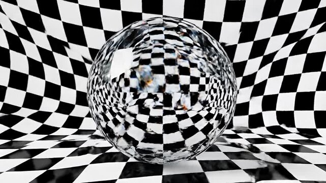 Abstract Sphere Reflecting Checkerboard Pattern in Studio.