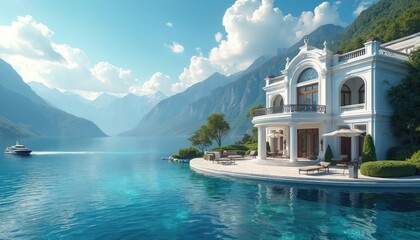 Naklejka premium White mansion rests on lake shore near mountains. Yacht sails on calm blue water. Luxury estate offers scenic views and opulent lifestyle. Perfect for travel and real estate themes.