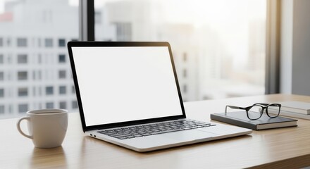 Fototapeta premium Bright modern workspace with laptop glasses and mug on desk by window.
