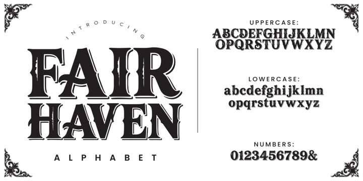 Fair Haven alphabet gothic vintage serif font vector letters for rustic industrial headline design