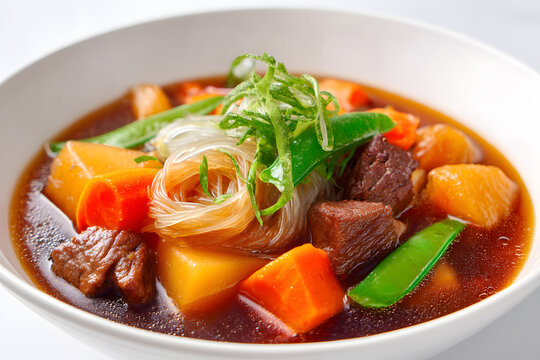 Delicious Niku Jaga Dish with Vegetables and Glass Noodles in a Full Bowl from a Clean Angle