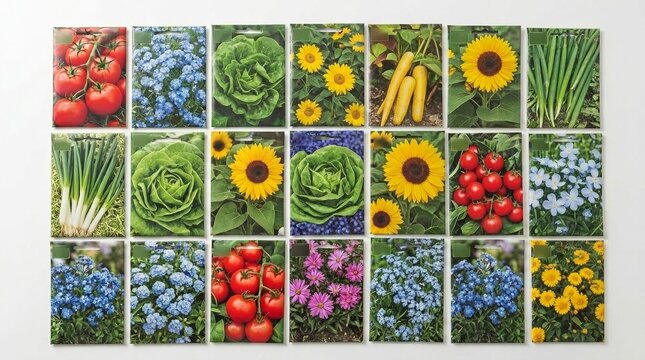 Assorted vegetable and flower seed packets with gardening
