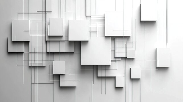 Complex white geometric block collage with layered rectangular tiles and shadows