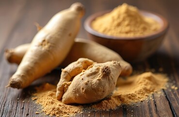 Fototapeta premium Maca root and powder on wooden table. Organic Andean root used for energy and vitality. Healthy natural superfood for wellness smoothies and supplements.