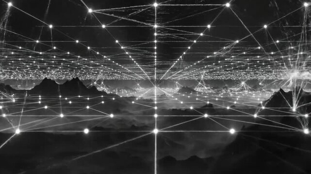 Abstract futuristic landscape with shining interconnected points and lines overlay, representing the digital world and network connections