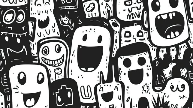 Composite crowd of monochrome cartoon ghosts with wide mouths and surprised expressions