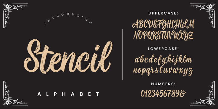 Stencil alphabet handdrawn brush script font vector calligraphy letters for creative vintage logotype design