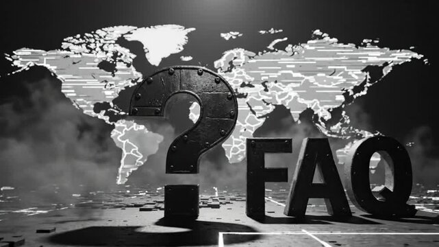 Black and white animated FAQ with giant metal question mark and world map background