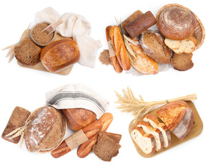 Fototapeta premium Different types of bread isolated on white, set. Top view