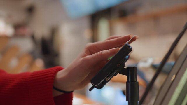 Closeup hand tapping card at cafe counter, customer sleeve in red sweater, terminal screen and bokeh background, quick modern checkout exchange, receipt and wallet nearby, efficient service and warm