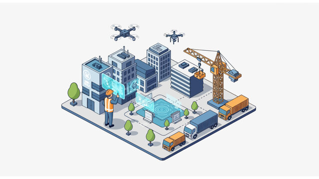 Isometric Smart City Construction and Urban Development with Digital Interface, Drones, and Automated Logistics