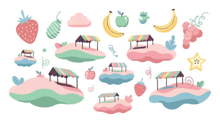 Colorful illustration of fruit stands and various fruits © Arisa
