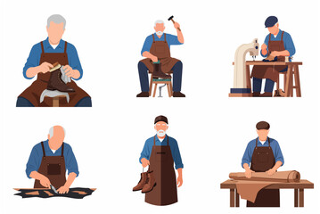 Fototapeta premium Professional shoemaker and cobbler characters working with leather tools and equipment, vector set isolated on white background
