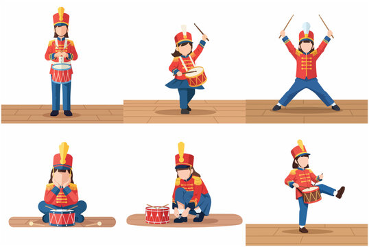 Set of flat vector illustrations of a little girl drummer in a marching band uniform playing drum in various poses on a white background.
