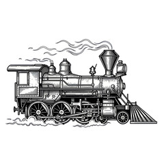 Vintage Steam Locomotive Train Illustration - Black and White © Inung