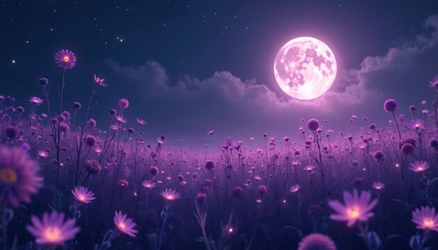 Purple flowers bloom under large pink moon in dark night sky. Stars twinkle above field of glowing flora. Gentle clouds drift across celestial expanse. Serene, magical natural scene unfolds.