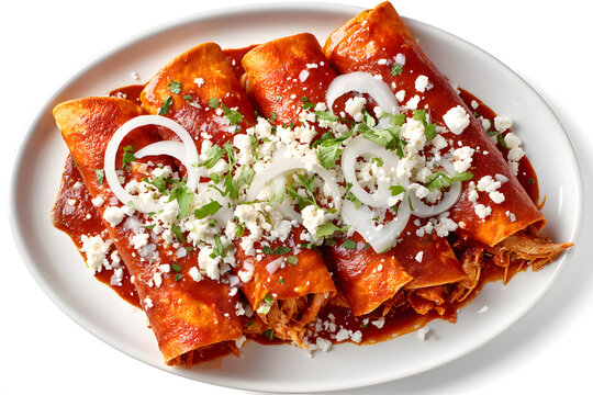 Delicious Enchiladas with Red Sauce, Topped with Cheese and Onions, Served on a White Plate