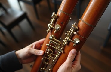 Fototapeta premium Musician holds wooden bassoon instrument close. Detailed view shows gold keys, metal levers, and polished wood. Focus on craftsmanship and classic wind sound.